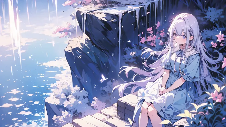 a very dark night, Anime Girl, light blue dress, white with a hint of light purple hair, sitting by the river, forest, darkness, nature, current, the grass glows blue.