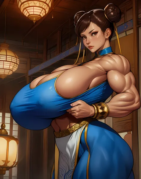 ((Massive Female Bodybuilder)), chun li, brown hair, brown eyes,  double bun,  hair ribbon,  multi colored dress, pelvic curtain,  blue pants, bangles,  cleavage,  
 upper body,  wide hips, 
morning,  temple,  indoors, 
(insanely detailed, beautiful detail...