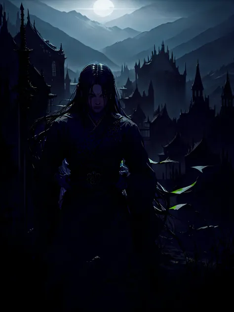 a man, long black hair, swordsman, black kimono, top of a mountain, manipulating darkness