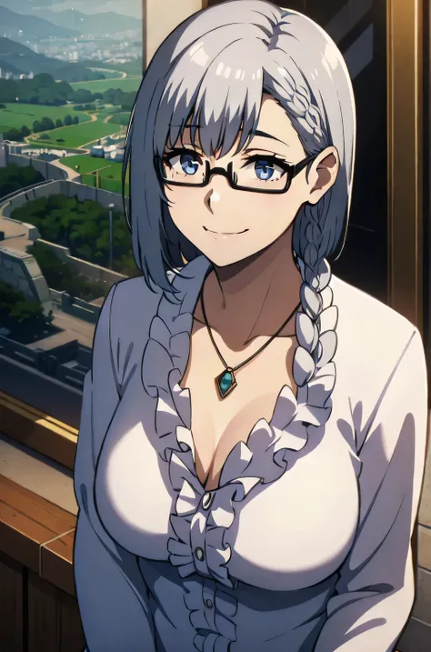 1girl, alternate_costume, bespectacled, closed_mouth, collarbone, glasses, jewelry, necklace, pendant, semi-rimless_eyewear, short_hair, silver_hair, smile, solo, under-rim_eyewear, upper_body,big breast,full body
