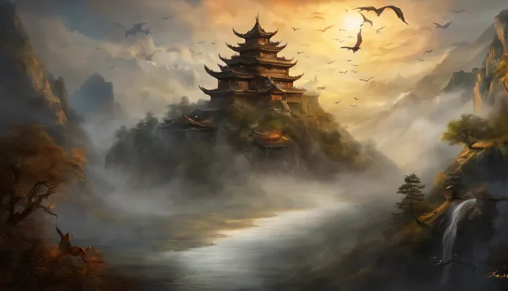 A painting，There is a dragon flying in the sky in the painting，Chinese dragon，old Chinese building，Black and White，Ink，The background is an imaginary heaven, detailed fantasy digital art, stunning fantasy art, fantastic numbers, author：Yang Jie, background...