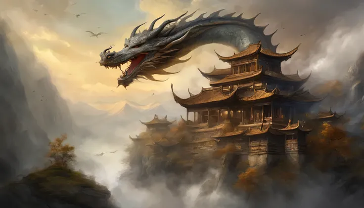 A painting，There is a dragon flying in the sky in the painting，Chinese dragon，old Chinese building，Black and White，Ink，The background is an imaginary heaven, detailed fantasy digital art, stunning fantasy art, fantastic numbers, author：Yang Jie, background...