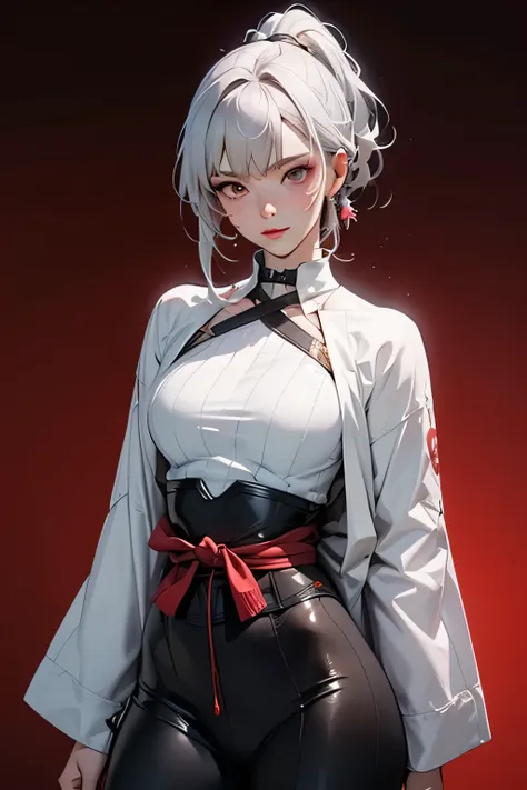 solo,1Girl,red background,cowboy shot,ruanyi0454,bodysuit,japanese armor,japanese clothes,katana,white hair,high ponytail,, best quality,masterpiece,highres,official art,extremely detailed cg unity 8k wallpaper