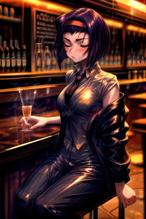 masterpiece,best quality,1girl,mature female,faye valentine,formal,tuxedo,necktie,black pants,light frown,blush,drunk,half-closed eyes,sitting against counter,bar,science fiction,cowboy shot,