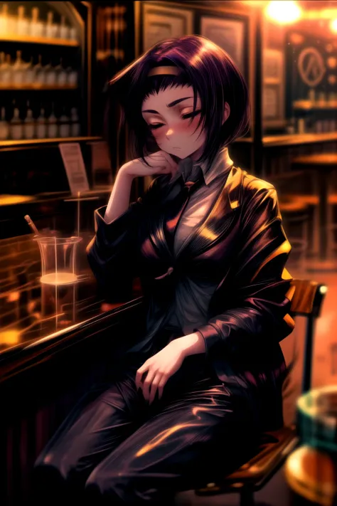 masterpiece,best quality,1girl,mature female,faye valentine,formal,tuxedo,necktie,black pants,light frown,blush,drunk,half-closed eyes,sitting against counter,bar,science fiction,cowboy shot,