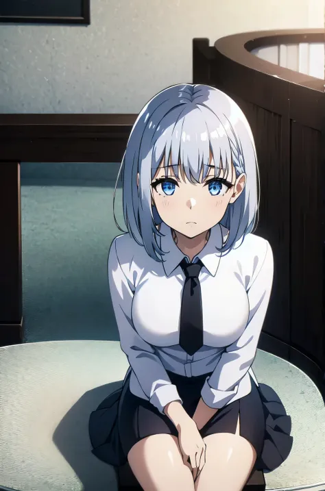 1girl,silver hair, blue eyes,white shirt,black mini skirt,sitting in the office