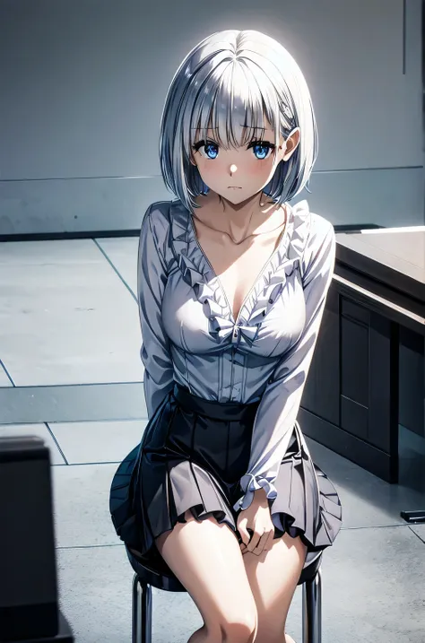 1girl,silver hair,,short hair, blue eyes,white shirt,collarbone,clavage,frills,black mini skirt,sitting in the office,full body,crossed legs