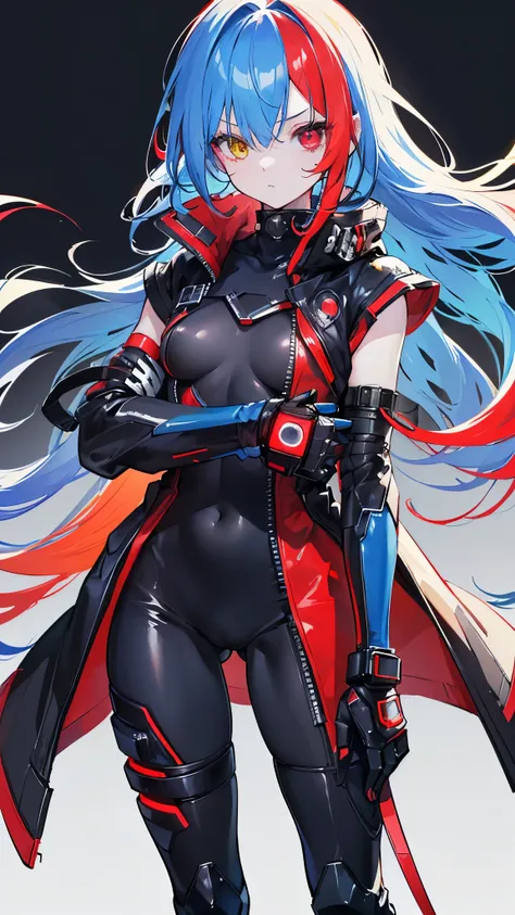 1girl, ,small breasts, full body,black bodysuit,over jacket,Cyberpunk,(((Red gauntlet on the right arm)))、(heterochromia,red eyes,yellow eyes),(((light blue hair))),middle hair,(hair over one eye)、