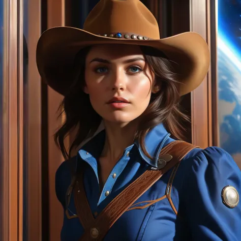 (Best Quality, Masterpiece, High Resolution, HD, Super Detail, Official Art, Realistic), Space Cowboy, Short Brunette, Rugged Countenance, Piercing Eyes, Cowboy Dress, Cowboy Hat, Revolver, Behind a Large Round Window (Outside the Window is the Giant Blue ...