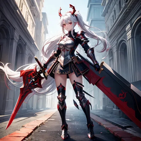 (best quality, masterpiece) girl, anime art style, red eyes, white hair, ponytail, revealing armor, full body, armed with sword, 2 horns on head.