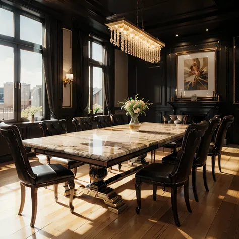 there is a large dining table with a marble top and black chairs, detailed wooden table, ornate and elegant, elegant and ornate, luxury furniture, luxury hd render, decorated polished wood, highly detailed render, rendered in v-ray, vray lighting, unreal e...