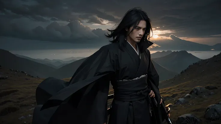 Create a swordsman, clad in a long-flowing black kimono, with locks of dark, cascading hair that fall over his shoulders and cover part of his face in the shadows. He stands atop a desolate mountain peak, bathed in the dim, melancholic light that filter th...