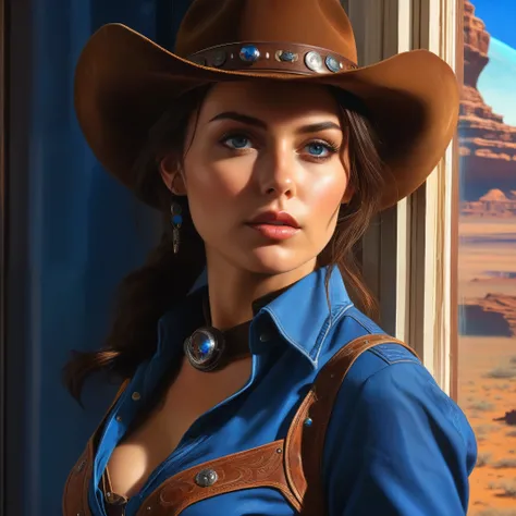 (Best Quality, Masterpiece, High Resolution, HD, Super Detail, Official Art, Realistic), Space Cowboy, Short Brunette, Rugged Countenance, Piercing Eyes, Cowboy Dress, Cowboy Hat, Revolver, Behind a Large Round Window (Outside the Window is the Giant Blue ...