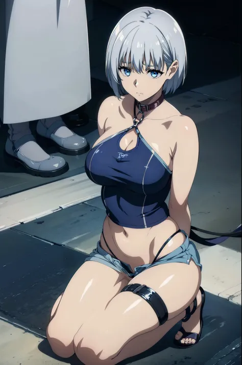 ((collar,leash,)),silver hair,short hair,blue eyes,shorts,top-tank,vaginal object insertion pussy dildo sex toy vaginal anus clitoris large insertion object insertion spread legs kneeling from behind
