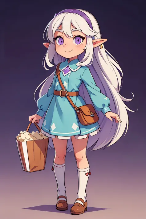 (full-body,white,long-haired)elf girl,standing in front of the photo,with (violet eyes,bluish clothes).She is (happy,looking forward),holding a bag of popcorn,with no background.(best quality, high resolution)