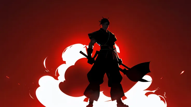 Samurai of the Japan, silhouette, cool, Red background, Ultra-wide angle view, Anime Style