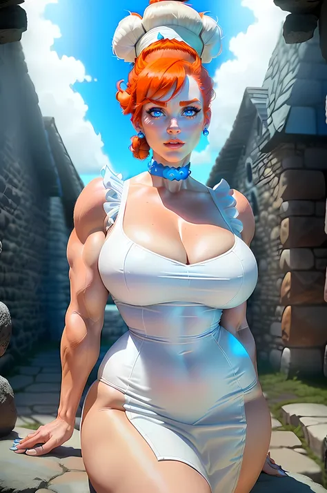 ((wilma flintstones from the flintstones  series)) (beautiful face)(big glowing blue eyes)(red lips) ((long redhead hair with top knot))) ((very huge breasts) (perfect slim body) (wearsshort white dress)(pearls choker) (posing sexy inside stone house)) (Ma...