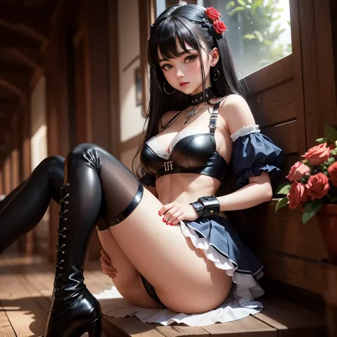 Masterpiece, high quality, many details,
Girl (16 years old), black hair with a white streak, red leather corset, blue lace bra, black pleated skirt with white trim, high black boots with spiked heels, sexy, black kayale, red lipstick, a bouquet of blue ro...