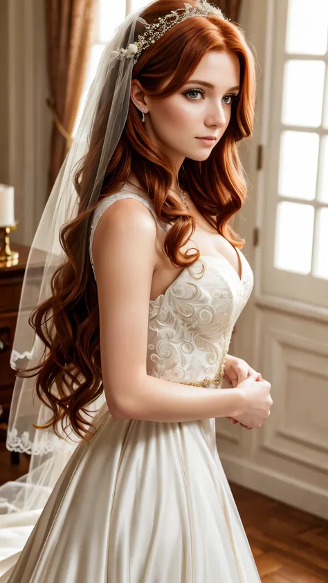 Beautiful redhead girl with brown eyes and long hair in wedding dress in elegant room professional photo shoot close up on face masterpiece top quality 8k 