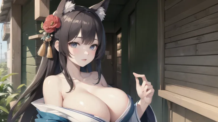 (((masterpiece, best quality))), (((superior quality))), cute girl, ((extremely detailed girl)), ((huge breasts)), fox ear, kimono, (bare shoulders), strapless top, random expression