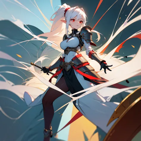 (best quality, masterpiece) girl, anime art style, red eyes, white hair, ponytail, revealing armor, full body, elf, high quality eyes, adult, big breasts.