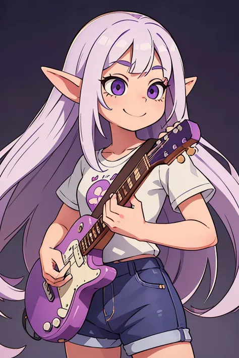 1 elf,standing in front of a picture,purple eyes,long white hair,casual clothing,playing the guitar,big smile,kawaii pose,looking forward.Eyes looking forward.No background,(best quality,ultra-detailed,realistic:1.37),vivid colors,portrait,soft lighting.