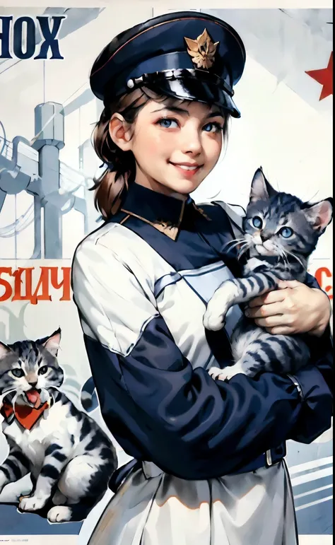 (Best quality:1.2), girl with kitten, in a white, blue and red uniform, smile, looking at the camera, Soviet Union, poster, 