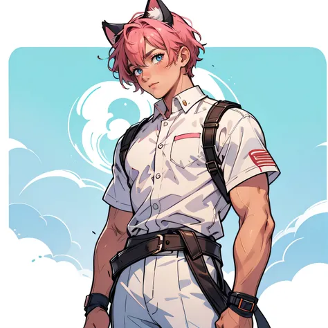 Anime style,19 year old male,men,alone,pink hair,short hair,blue eyes,cat ears,white clothes,he only wears white,green background with blue