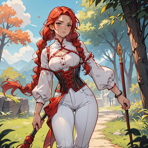 anime style, woman, sexy woman, alone, red hair, braided hair, two braids, long braids, wearing corset, white clothing, tight clothing, tight pants, sexy clothing, has a cane, use a cane, cane, sexy pose