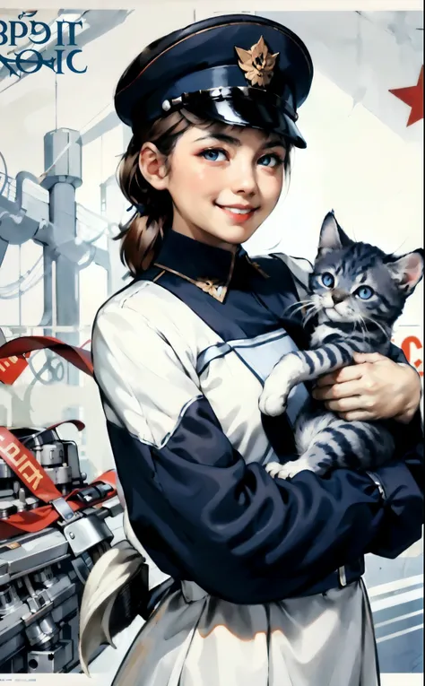 (best quality:1.2), girl with kitten, in a white, blue and red uniform, smile, looking at the camera, soviet union, poster,