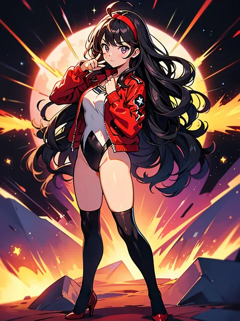 Woman with brown eyes, age 21 (medium hair, black hair, wavy hair, red hairband), ahoge, (white blouse with black stars, red jacket with stars), (leotard, bare legs, black thigh highs, high-heel shoes), purple stellar energy around, cosmic power, cosmic sh...