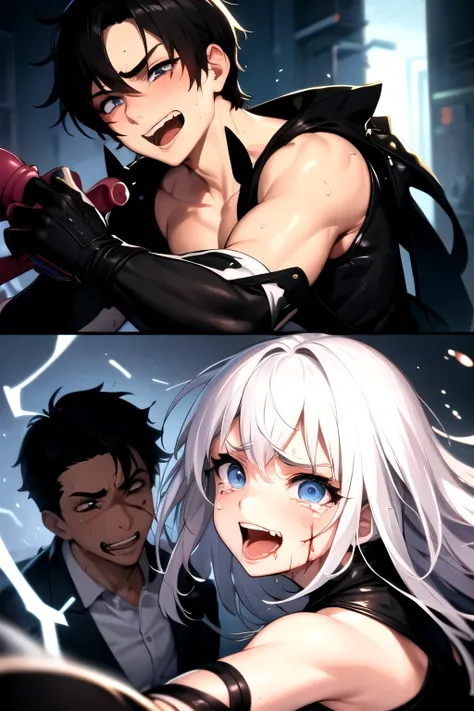 ((Best quality)), ((masterpiece)), (detailed), perfect face, 2 men, White hair, black hair, fight, tears, blood, sweat, voltage, crazy smile, Fear, axe, dildo