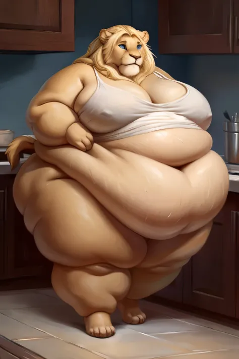 breathtaking oil painting, masterpiece, best quality, a morbidly obese anthro lion girl waddling in a kitchen, ((impossibly obese)), fat obese, lion, lioness, tail, large breasts, huge belly, wide hips, (fatfur), hyper fat, (enormous), (((obese))), blob, (...