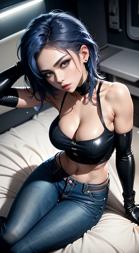 sfw, ((lying on bed top view)), beautiful girl, full body, short bright blue dishevelled hair, black eyeshadow, (street style wear:1.2), ((tight fitted denim jeans)), ((knee high leather boots)), (deep cleavage), (dark city night background:1.2), dark make...