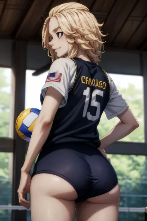 Mikey,1st grade,Foco masculino,blonde hair,medium hair,olhos negros,olhos vazios, corpo inteiro,smile, (volleyball uniform: 1.2), rear view, shows ass, butt