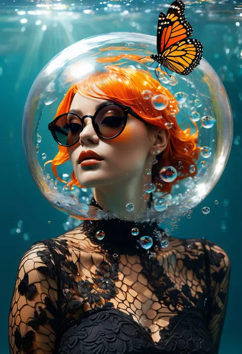 A woman with round sunglasses in a black lace dress and a Monarch butterfly inside a bubble in the water, only the butterfly is inside the bubble, there are swirls on top of the water, there are just a few small bubbles in the water, the womans hair color ...