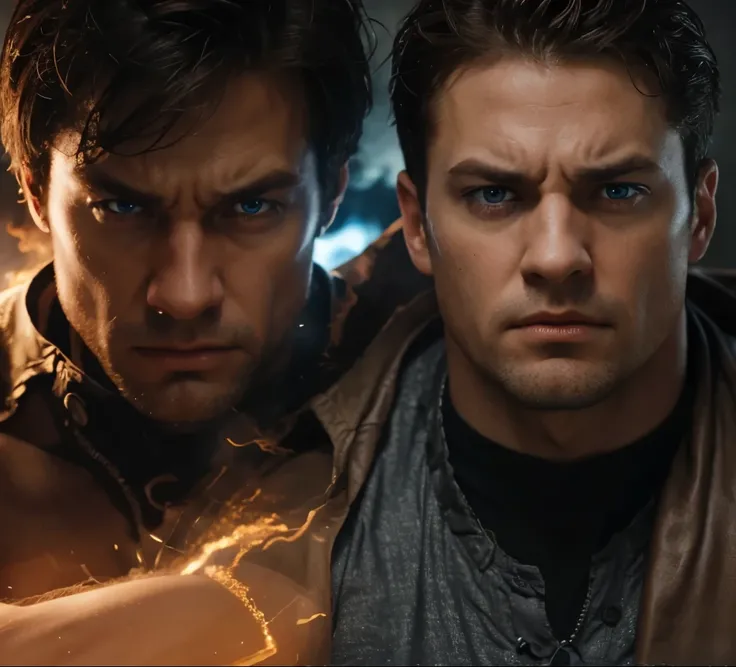 imporve 4k quality, high details, brown hair, blue eyes, Make this two men more angry, realistic and darkness