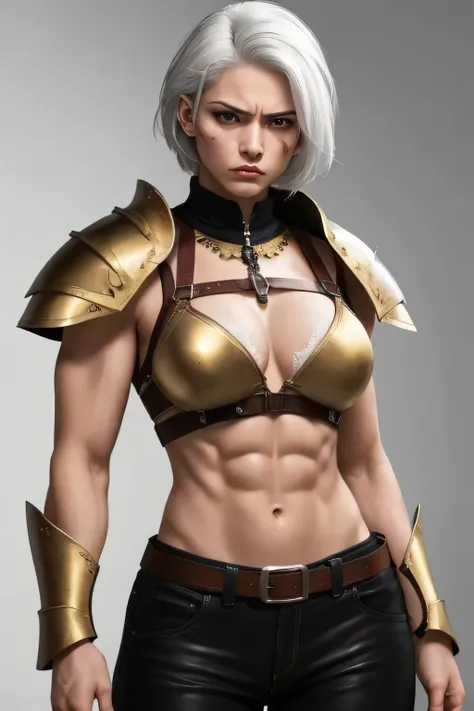 ((best quality)), (detailed), visage parfait, masculine woman with masculine features, white hair with a very short masculine cut, she has yellow/golden eyes, emotionless and jaded, aged 23, she is tall, thin but muscular and agile, she has several scars a...