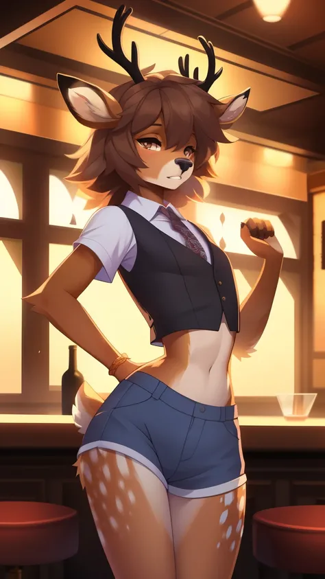 Best quality, super detailed illustration, warm colors, perfect lighting, better detail, (fluffy deer boy:1.4) , feminine face and body, disheveled thick hair, Bartenders clothes, short shorts, shirt, vest, black butterfly, Sleepy view, bags under the eyes...