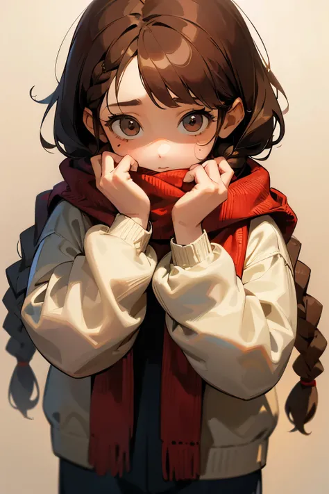 11-year-old girl with brown hair with 2 braids. face hidden by a scarf. The girl wears a sweater and long pants. The girl has uncertain eyesight.