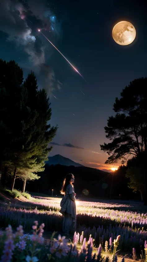 expansive landscape photograph , (a view from below that shows sky above and open field below), a girl standing on flower field looking up, (full moon:1.2), ( shooting stars:0.9), (nebula:1.3), distant mountain, tree BREAK
production art, (warm light sourc...