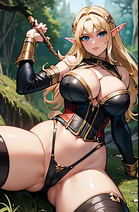 POV: ((((elf girl, large tits, cleavage showing)))) blonde hair, leather corset battle armor thigh high boots with lots of straps buckles and zippers, skinny, slim thick, small waist, 8k, UHD, (accentuated super huge enormously gigantic , spreading her leg...