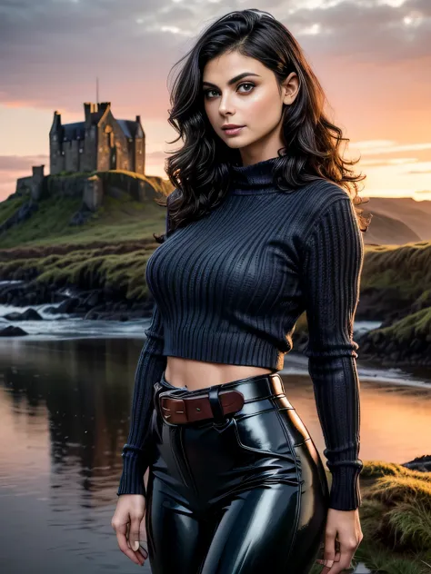 Foreground: a gorgeous woman (Morena Baccarin), wet wavy hair in the wind. shes a men magazine model, medium breast, beautiful round ass, She has a subtle smile and flirts with the camera, (she wears casual shirt with a knitted sweater and latex pants with...
