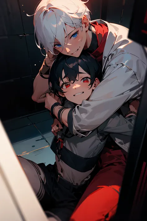 Two men are in a dark room. one of them is a white-haired man and red eyes. he smiles mysteriously, his cheeks red with embarrassment. the second man is below. He has black hair and blue eyes. he is very scared of what is happening, he was  and tied up.
