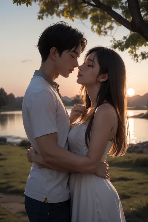 Una pareja de jovenes se abraza junto a un arbol durante un atardecer