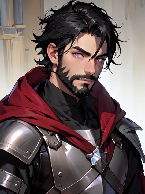 masterpiece, best quality, portrait, 1boy, black hair, medieval armor, black armor, cape, short hair, pink eyes, Unshaven beard
