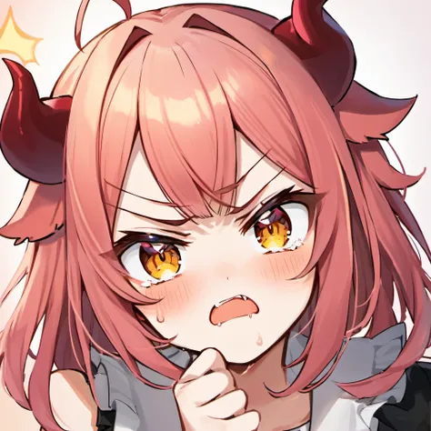  girl with small dragon horns with shy and angry expression  