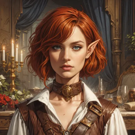 red-haired woman with a leather collar and a leather chokehold, a Portrait of an elf, Portrait of an elf, symmetrical portrait of a fantasy role-playing game, Portrait of a very beautiful elf, fantasy character portrait, Epic RPG portrait, Fantasy Charactu...