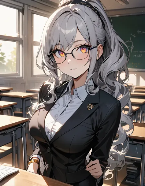 masterpiece, best quality, 1girl, grey hair, ponytail, shoulder length hair, wavy hair, black hairband, auburn eyes, beautiful detailed eyes, beautiful detailed face, cute face, stoic, professional, teacher, black suit, glasses, black skirt, pencil skirt, ...