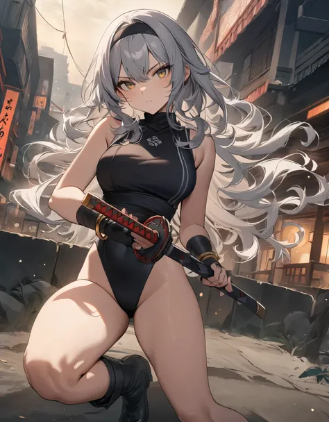 masterpiece, best quality, 1girl, grey hair, shoulder length hair, wavy hair, black hairband, auburn eyes, beautiful detailed eyes, beautiful detailed face, cute face, stoic, professional, ninja, black leotard, black tactical gloves, bare legs, gold bracel...